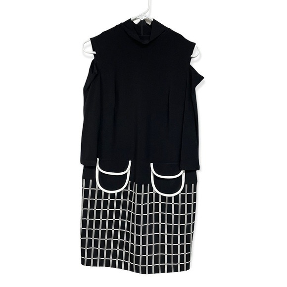 JOSEPH Ribkoff Cold Shoulder Geometric Check Black White Sheath Mini Dress, 8 - Picture 3 of 9